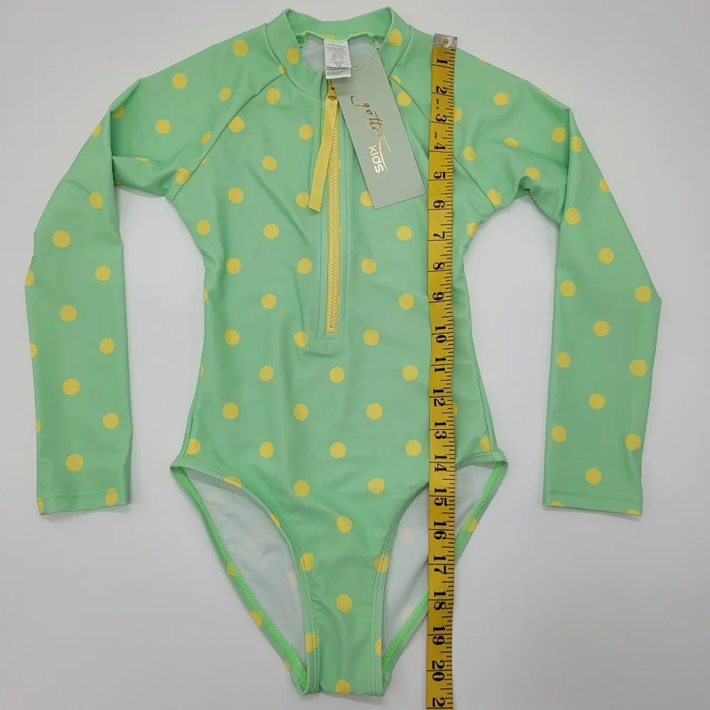 Gottex Kids Swimsuit Long Sleeve Rashgaurd Polka Dot Green Yellow Size 5 NEW